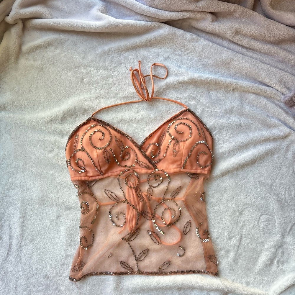 Vintage Elegant Peach Sheer Embellished Beaded Sequin Halter Open Back Camisole